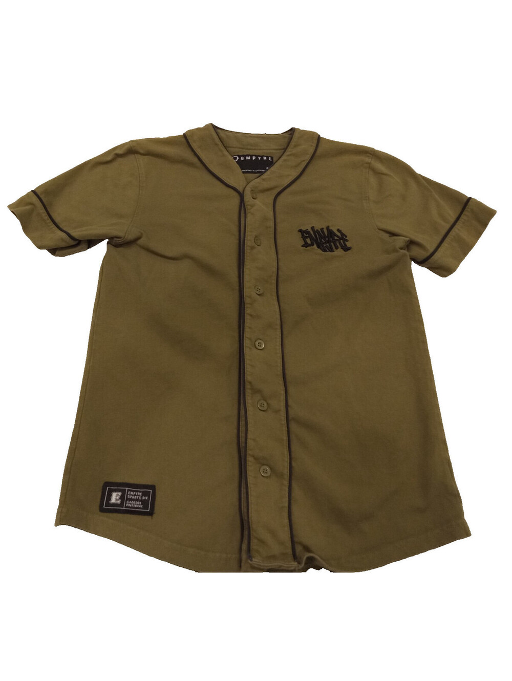 Empyre All Gas Baseball Jersey Womens Small Olive Green Black Embroidered Button